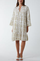 Tiered Baroque Floral Smock Print Dress For Women  - Dropwear